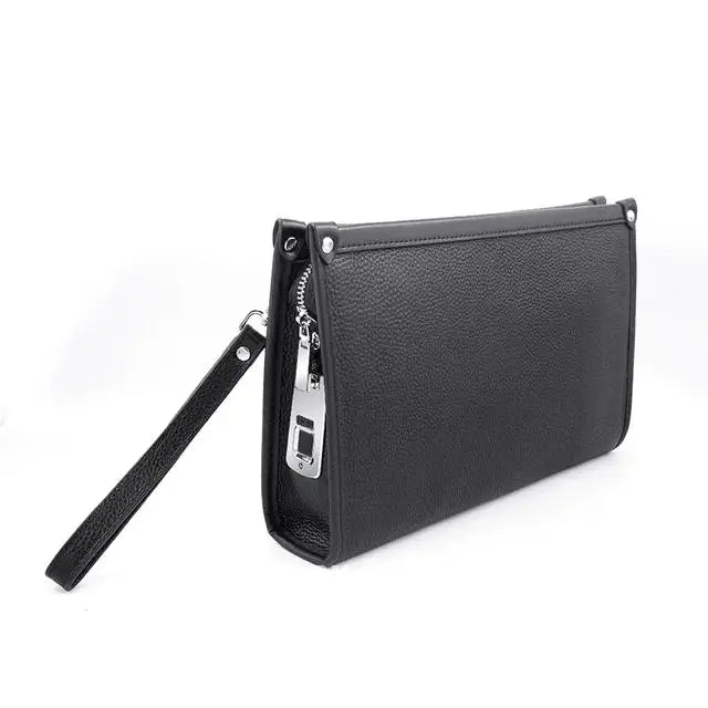 Elegant black genuine leather men's accessory: a business clutch with a modern fingerprint lock, ideal for secure carry.