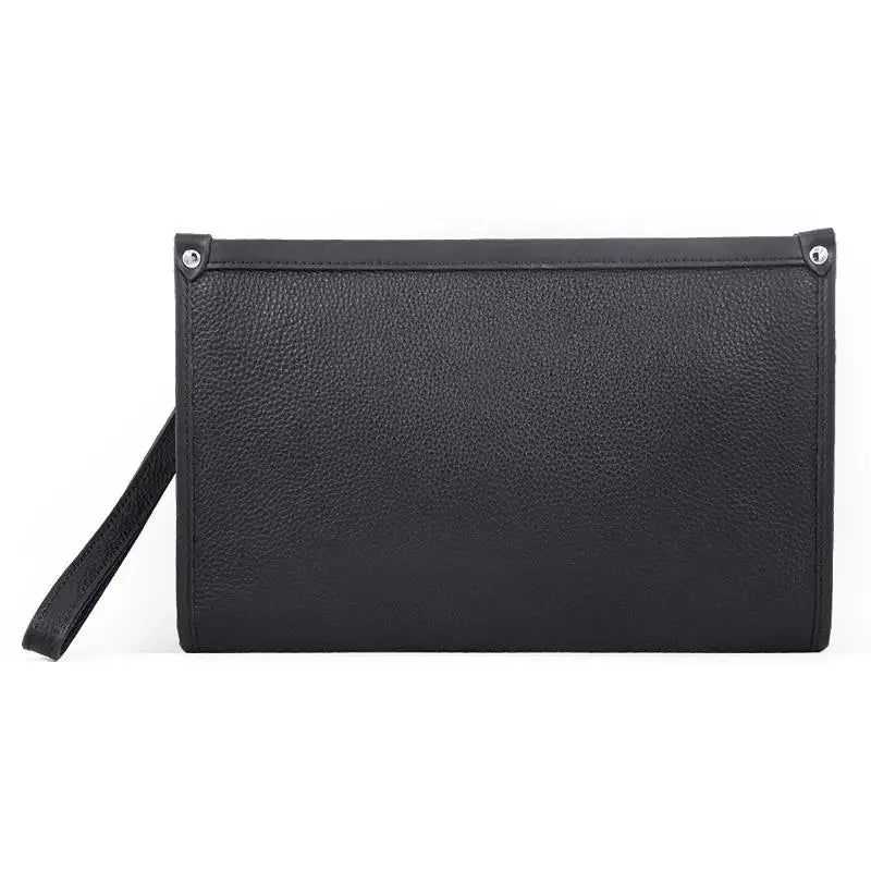 Men's genuine black leather business clutch with fingerprint lock, front view, for secure carrying