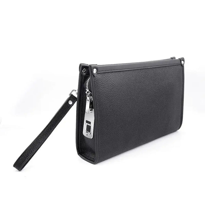 Stylish men's executive leather clutch bag with biometric fingerprint security, closed, side view