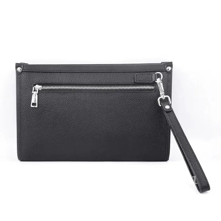 Men's leather business clutch with fingerprint security, open, showing interior compartments