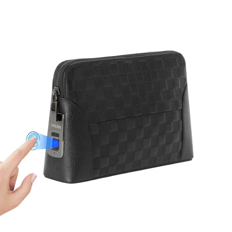Men's genuine leather anti-theft clutch with fingerprint lock. Secure wallet for travel & daily use.