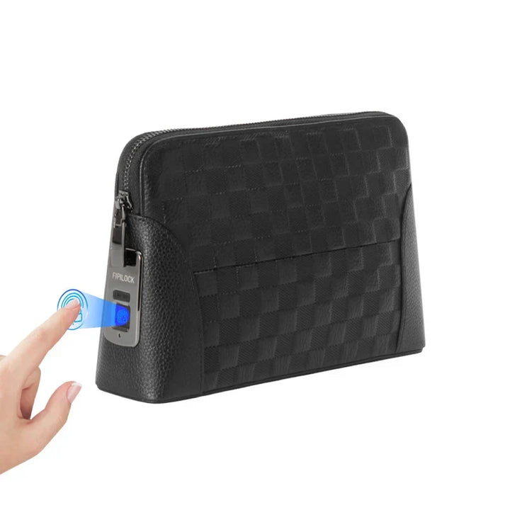 Men's genuine leather anti-theft clutch with fingerprint lock. Secure wallet for travel & daily use.