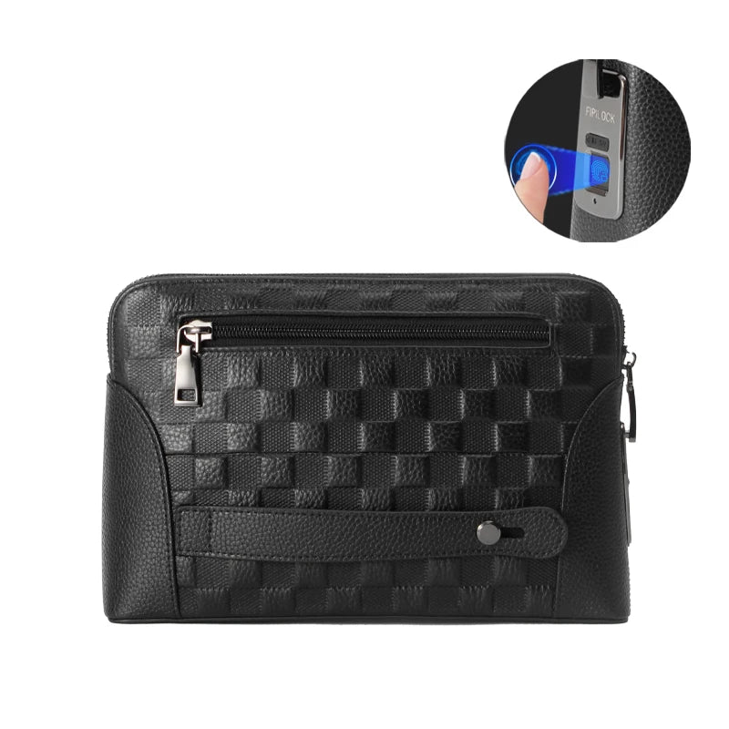 Close-up of men's genuine leather wallet & clutch, highlighting the secure fingerprint lock mechanism.