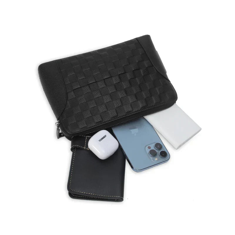 Durable men's leather clutch for secure carry, equipped with advanced fingerprint biometric security.