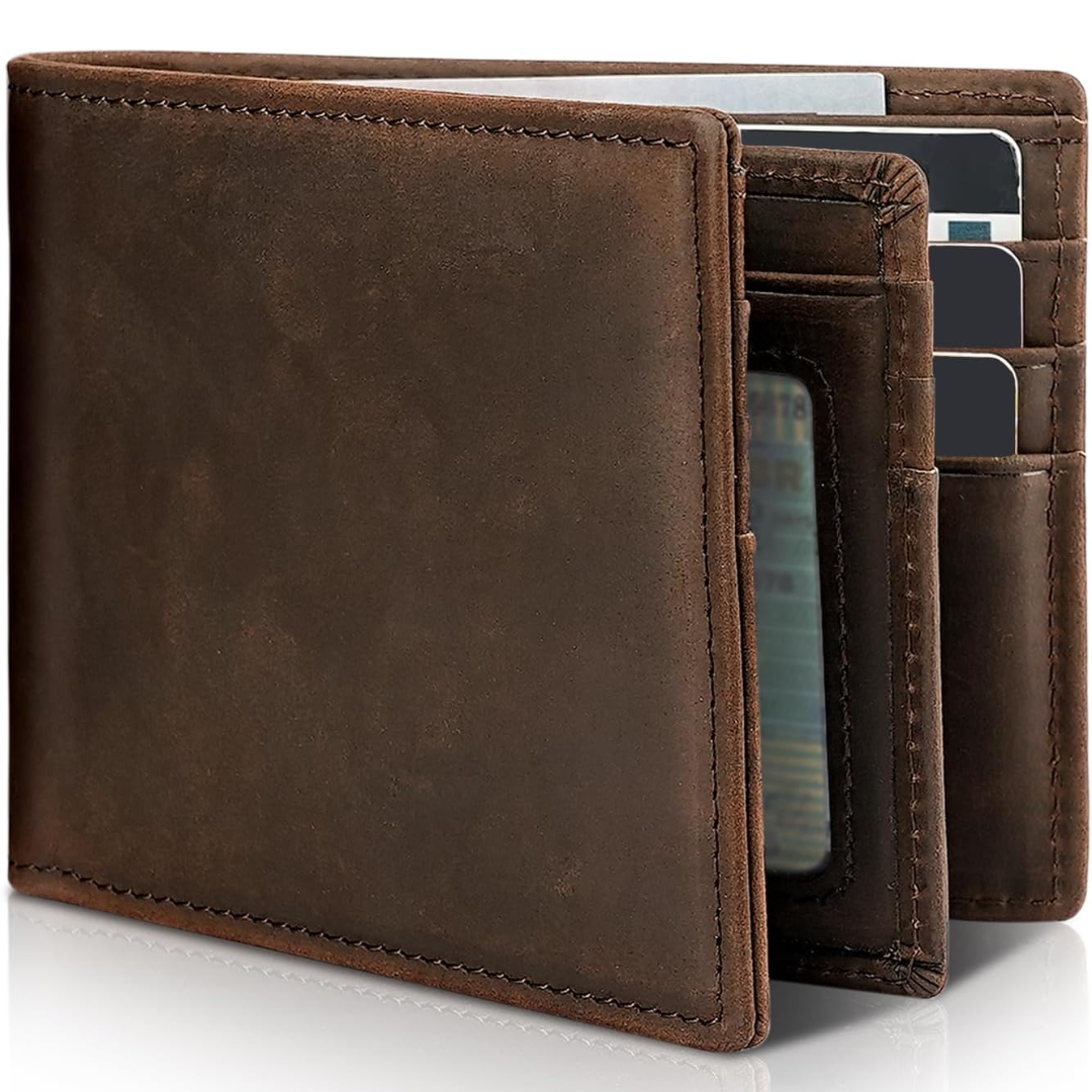 Men's genuine leather bifold wallet with RFID blocking, slim design, perfect for cards and cash
