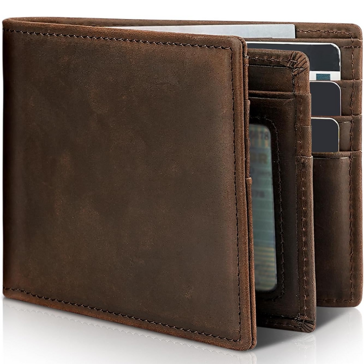 Men's genuine leather bifold wallet with RFID blocking, slim design, perfect for cards and cash