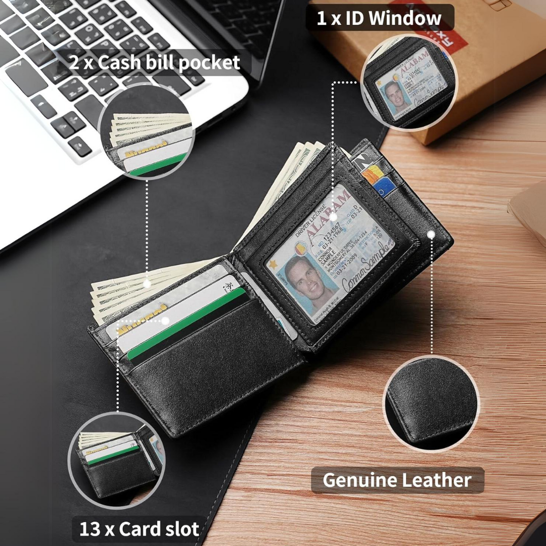High-quality genuine leather men's bifold wallet with RFID security for cards and IDs, great gift