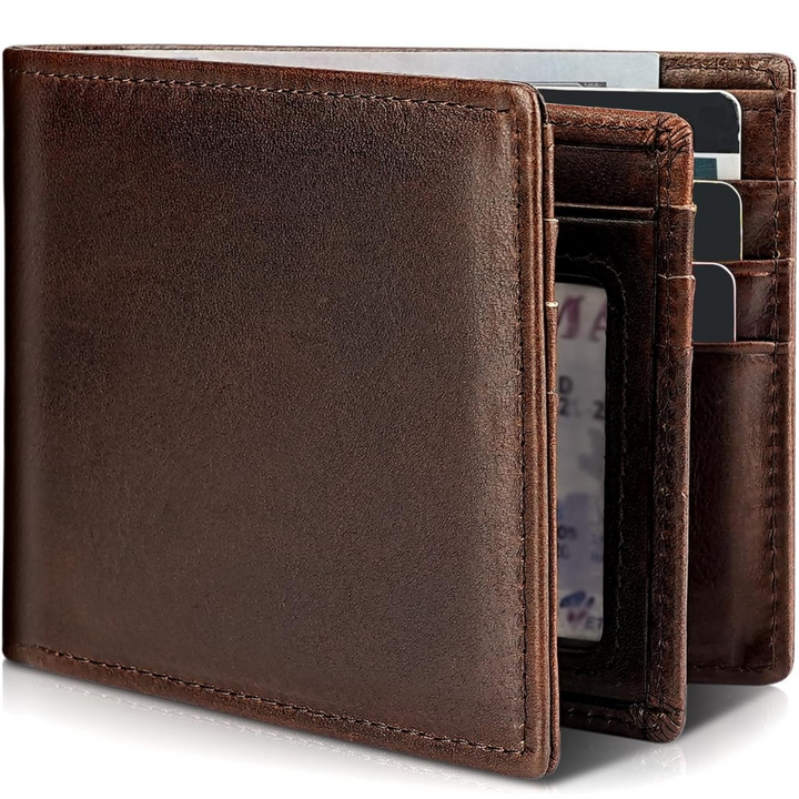Classic black genuine leather bifold wallet for men, RFID blocking secures cards, ideal everyday carry