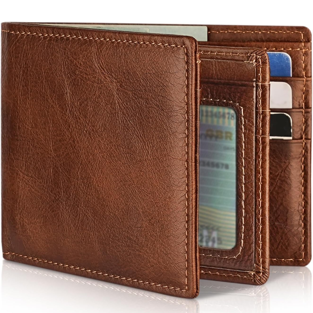 RFID blocking genuine leather men's bifold wallet, compact design for cards and ID, gift for him