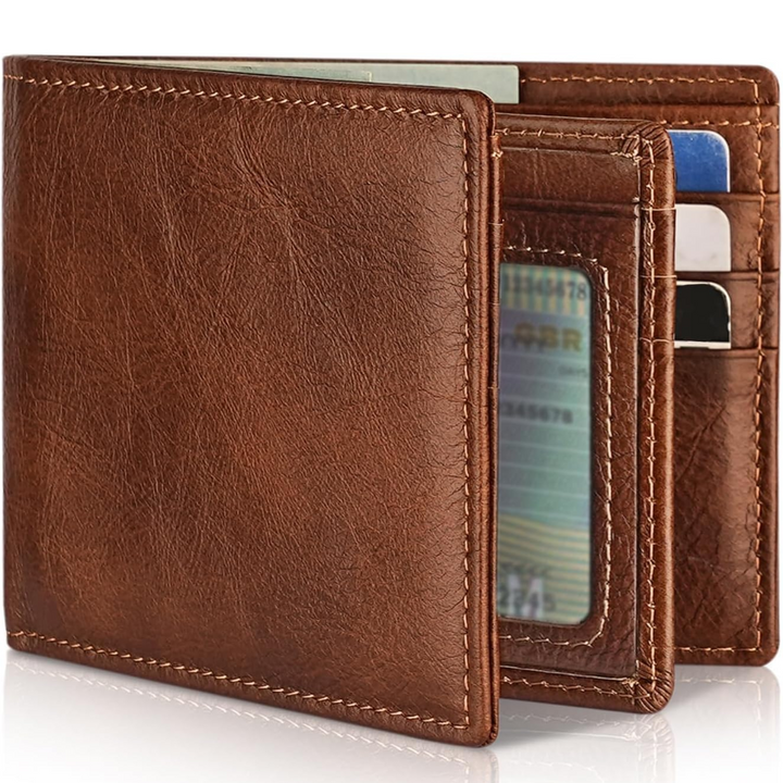 RFID blocking genuine leather men's bifold wallet, compact design for cards and ID, gift for him