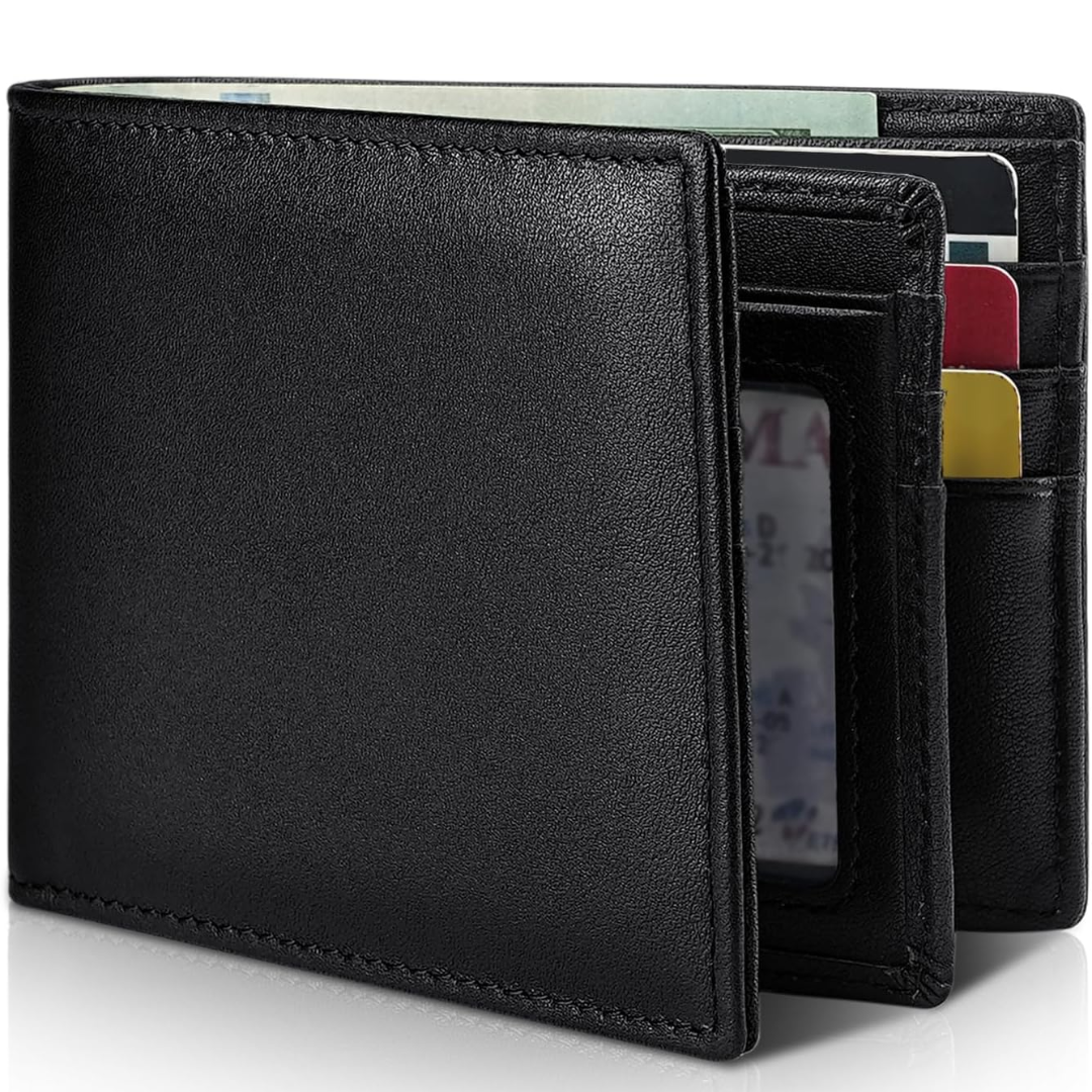 Durable men's genuine leather bifold wallet, features RFID protection, multiple card slots, slim fit