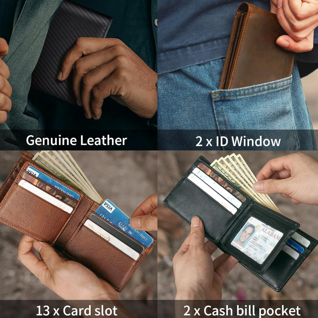 Secure men's bifold wallet, genuine leather construction with advanced RFID blocking for card safety