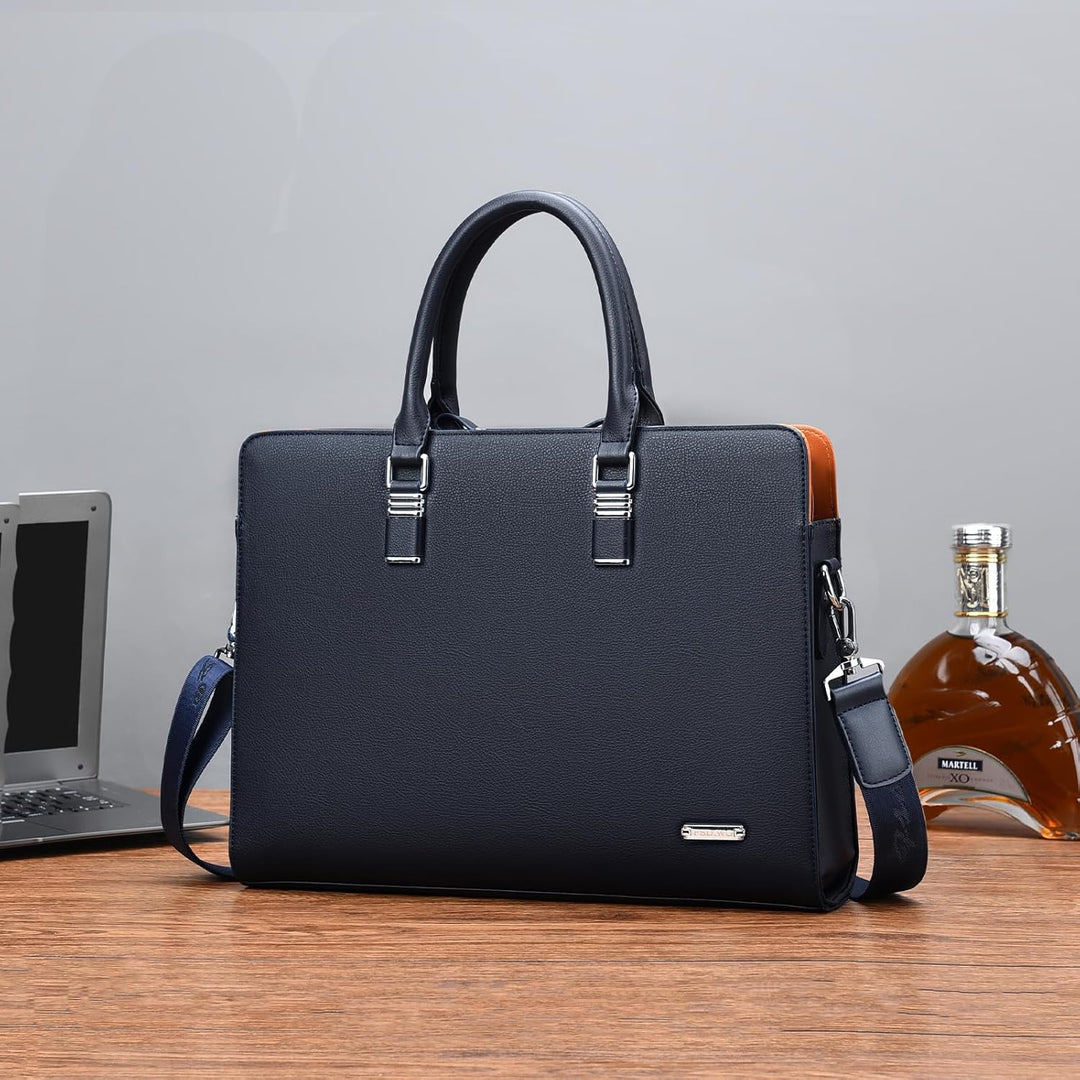 Sleek men's black leather business briefcase, minimalist design, maximum function