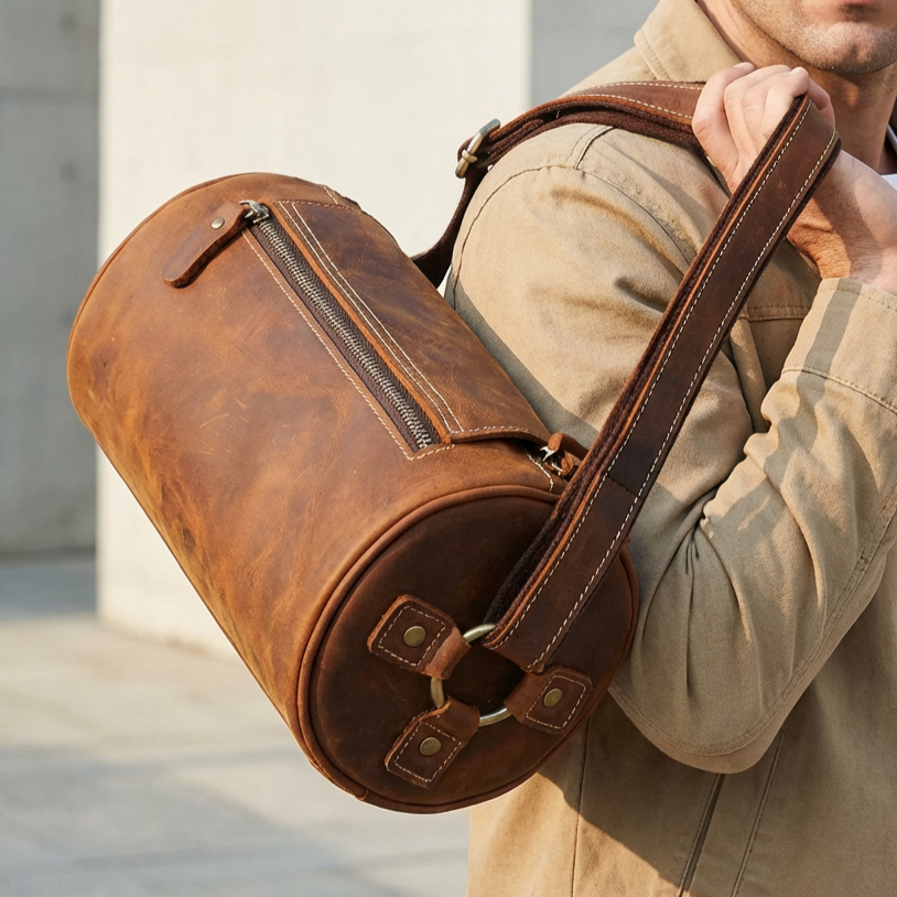 Men's genuine leather messenger bag in rich coffee brown, versatile for work & travel.