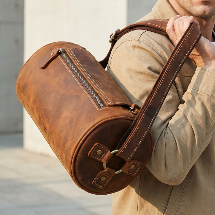 Men's genuine leather messenger bag in rich coffee brown, versatile for work & travel.
