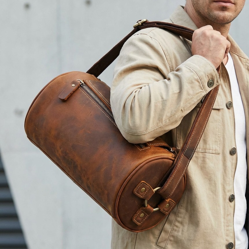 Professional men's leather work bag, versatile coffee brown genuine leather messenger style.