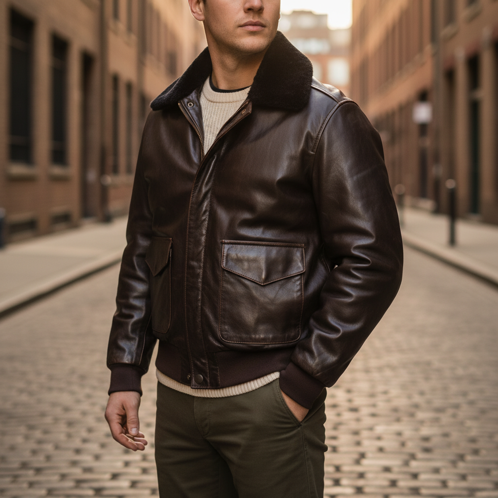Men's genuine leather pilot jacket with classic collar, vintage style