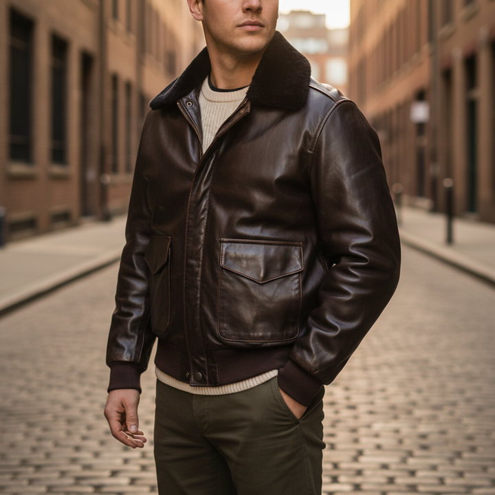 Men's genuine leather pilot jacket with classic collar, vintage style