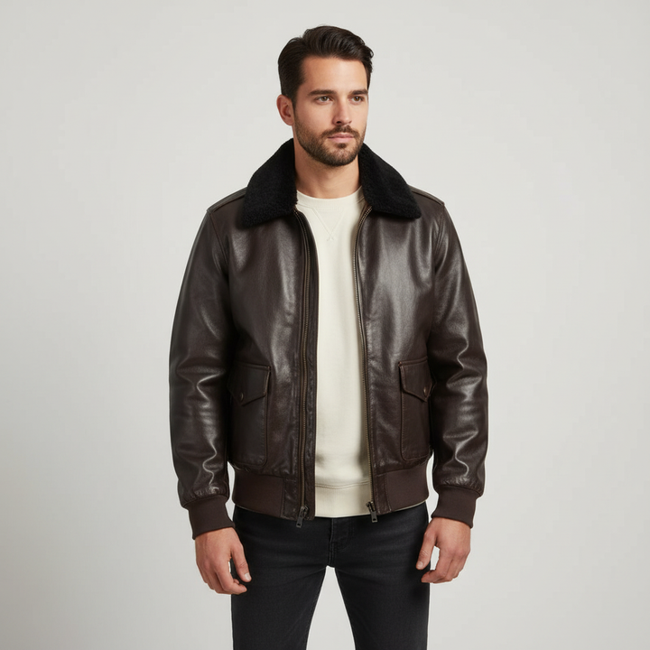 Durable men's leather jacket, pilot style with a shirt collar, retro fashion outerwear