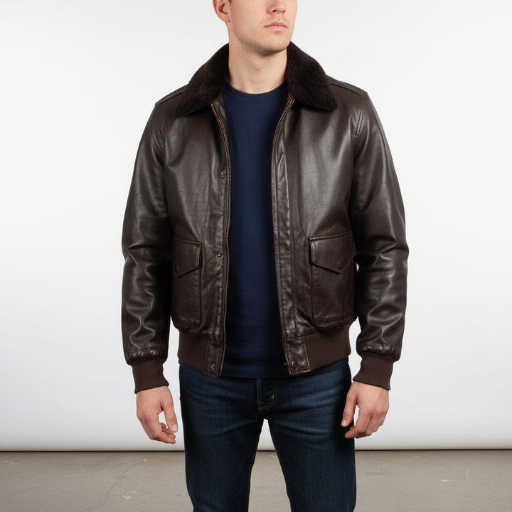 Men's authentic leather aviator jacket with collar, perfect for retro fashion