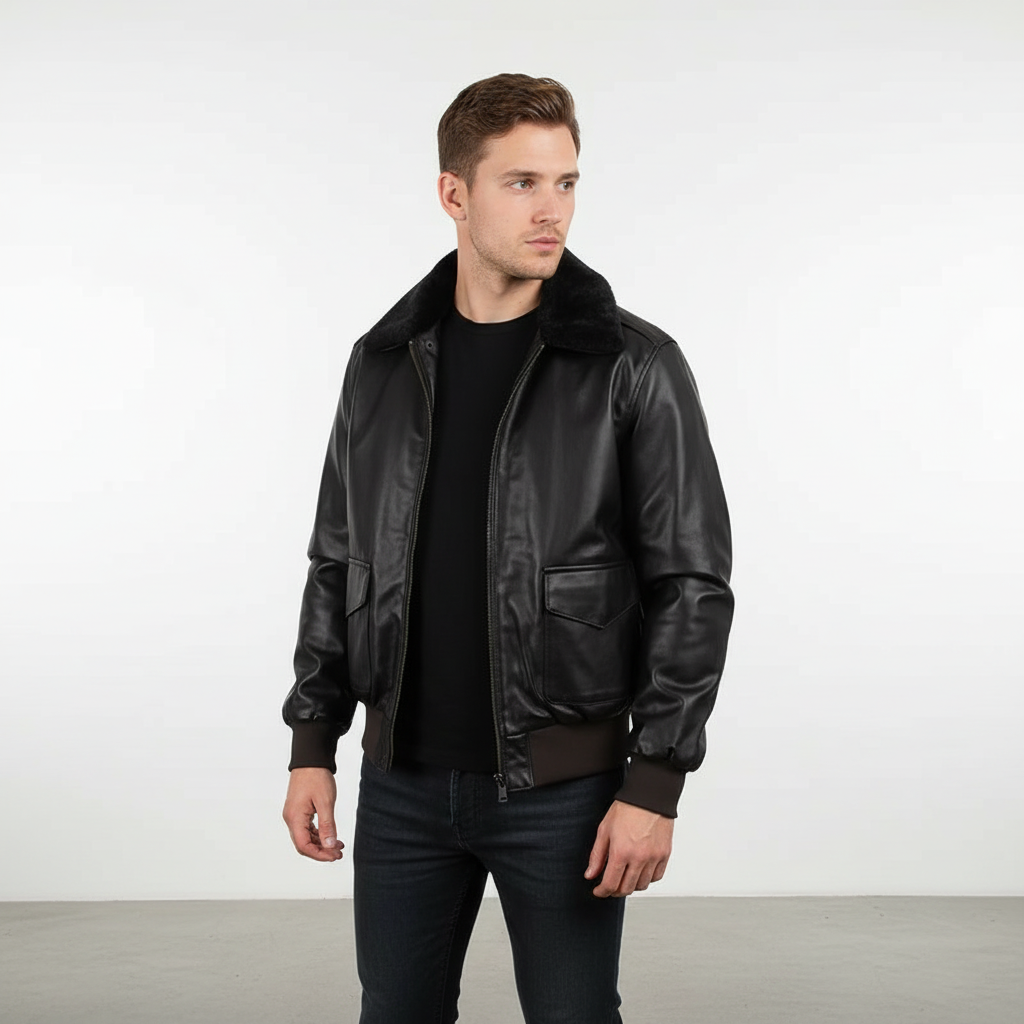 Marshall men's collared pilot jacket, genuine leather outerwear for classic style