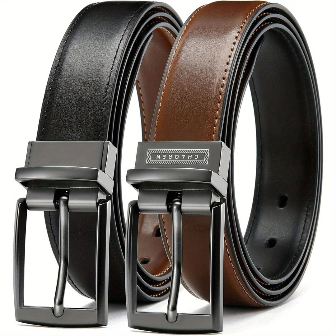 Men's genuine leather reversible dress belt in black & brown, perfect for formal & casual menswear.