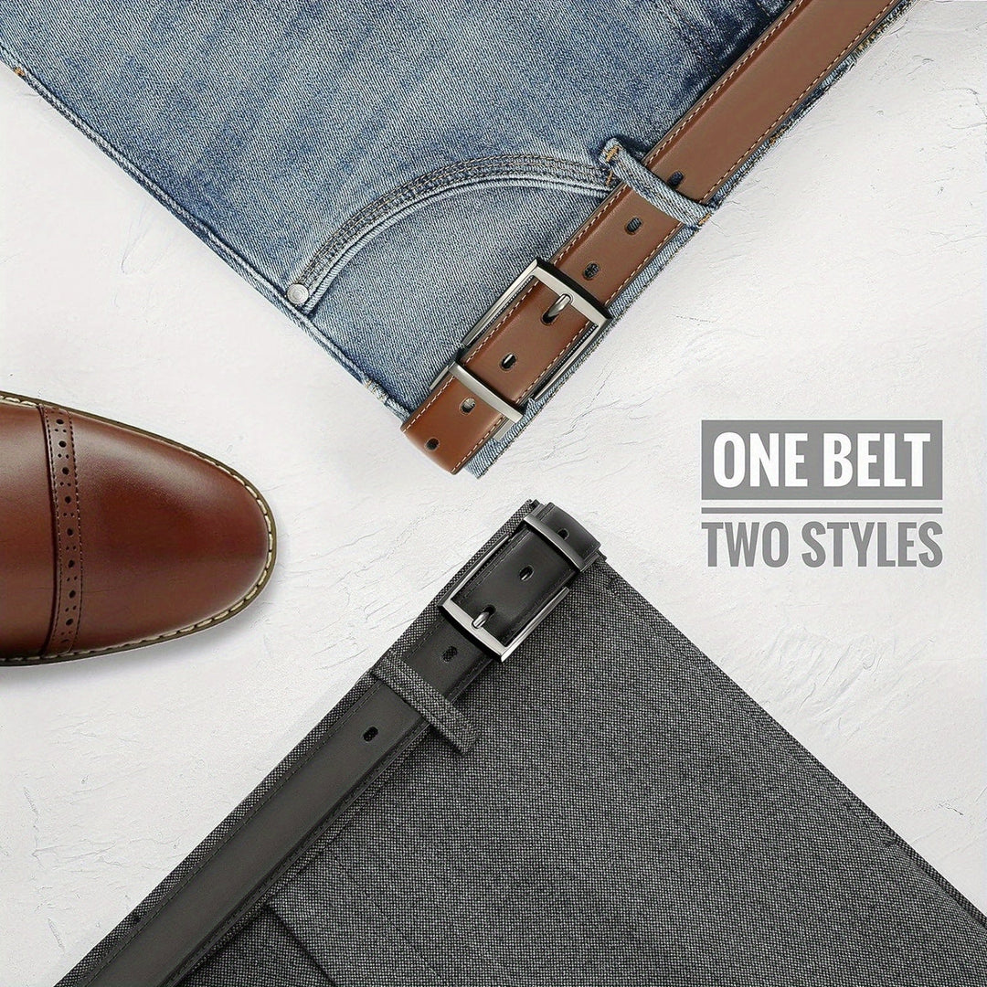Durable men's genuine leather reversible belt, featuring black on one side and brown on the other for versatile styling.