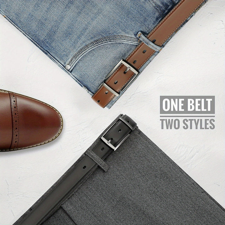 Durable men's genuine leather reversible belt, featuring black on one side and brown on the other for versatile styling.