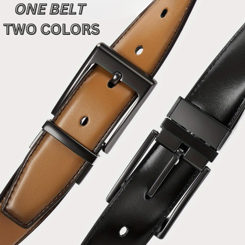 Stylish men's reversible genuine leather waist belt, offering a black dress belt and brown casual belt in one accessory.