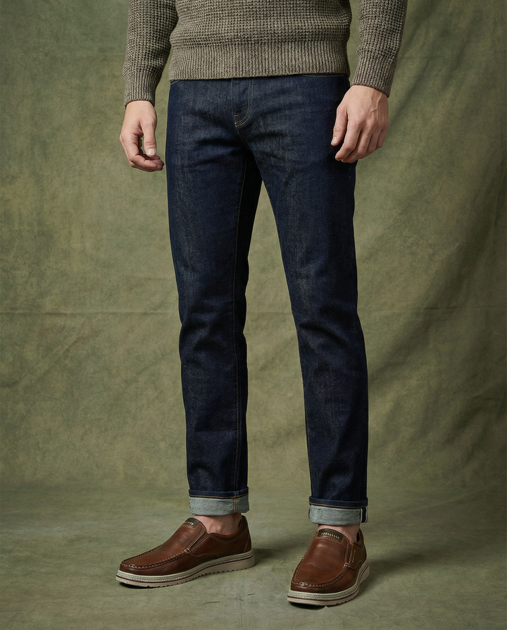Close-up of men's genuine leather slip-on loafers, highlighting texture and quality. Casual & stylish.