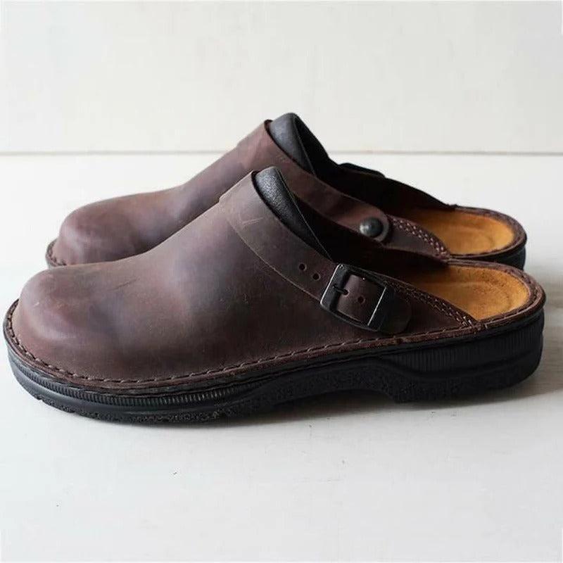 Men's durable leather comfort slippers with deep arch support, ideal for foot pain and daily wear.