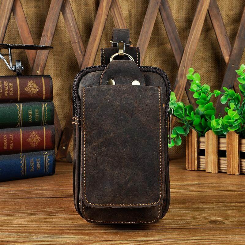 Elegant dark coffee genuine leather waist pack for men, perfect for essentials