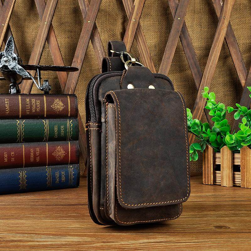 Authentic men's genuine leather waist bag in dark brown, a stylish travel accessory
