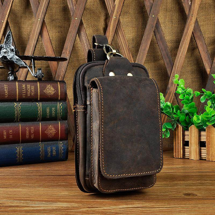 Authentic men's genuine leather waist bag in dark brown, a stylish travel accessory
