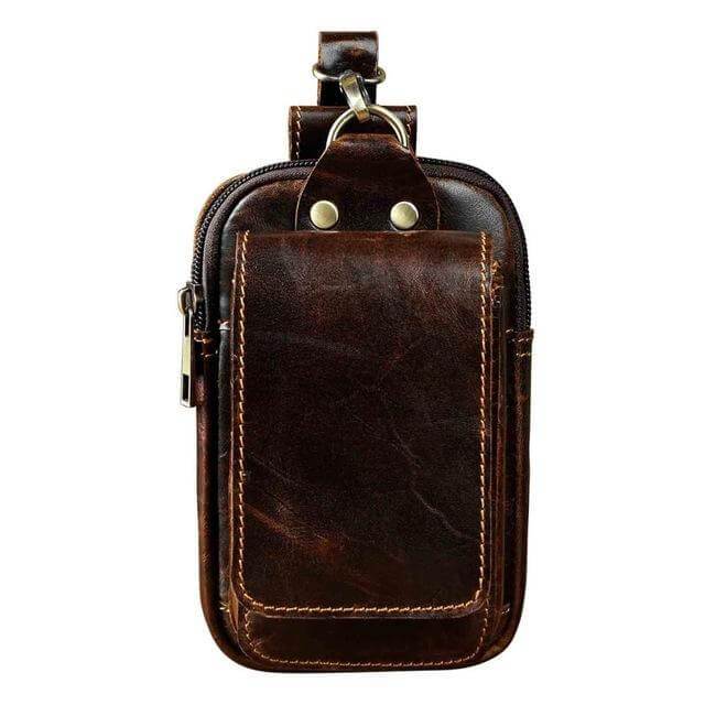 Dark coffee genuine leather fanny pack, a premium men's accessory for outdoor use