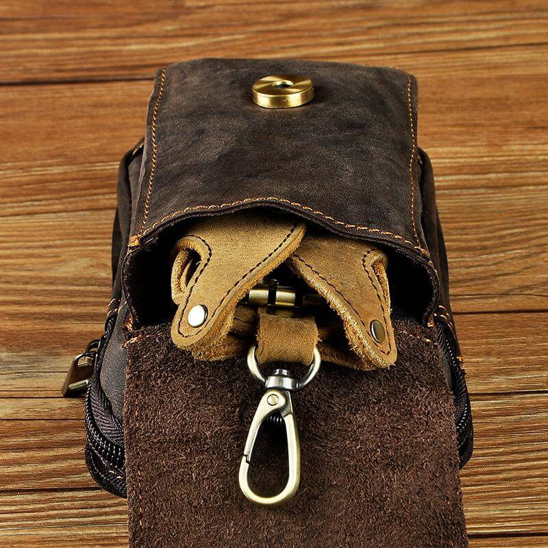 Durable men's genuine leather waist pack in dark brown, great for everyday use