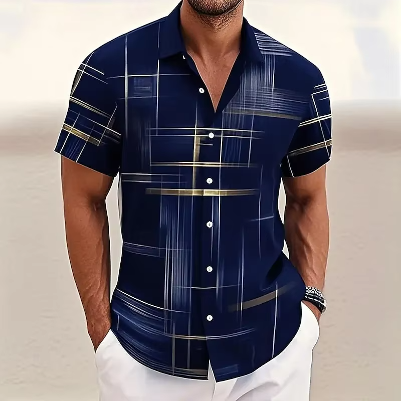 Men's geometric print polo shirt, relaxed fit, short sleeve. Perfect for modern casual summer fashion.