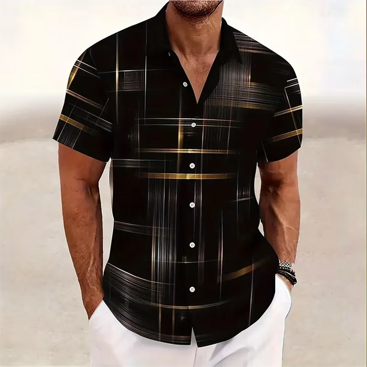 Stylish men's geometric print polo shirt with a relaxed fit. Ideal casual top for summer comfort.