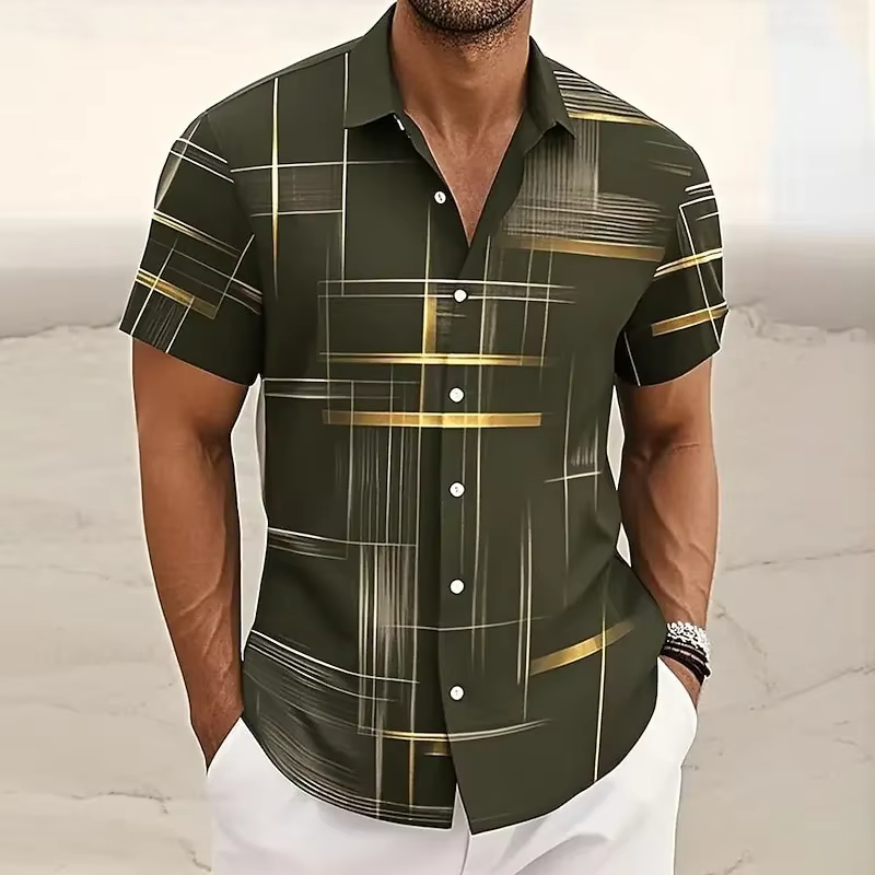 Modern men's geometric print short sleeve polo, featuring a comfortable relaxed fit.