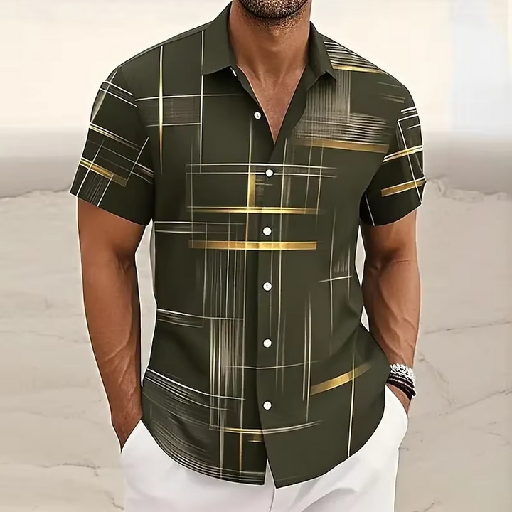 Modern men's geometric print short sleeve polo, featuring a comfortable relaxed fit.