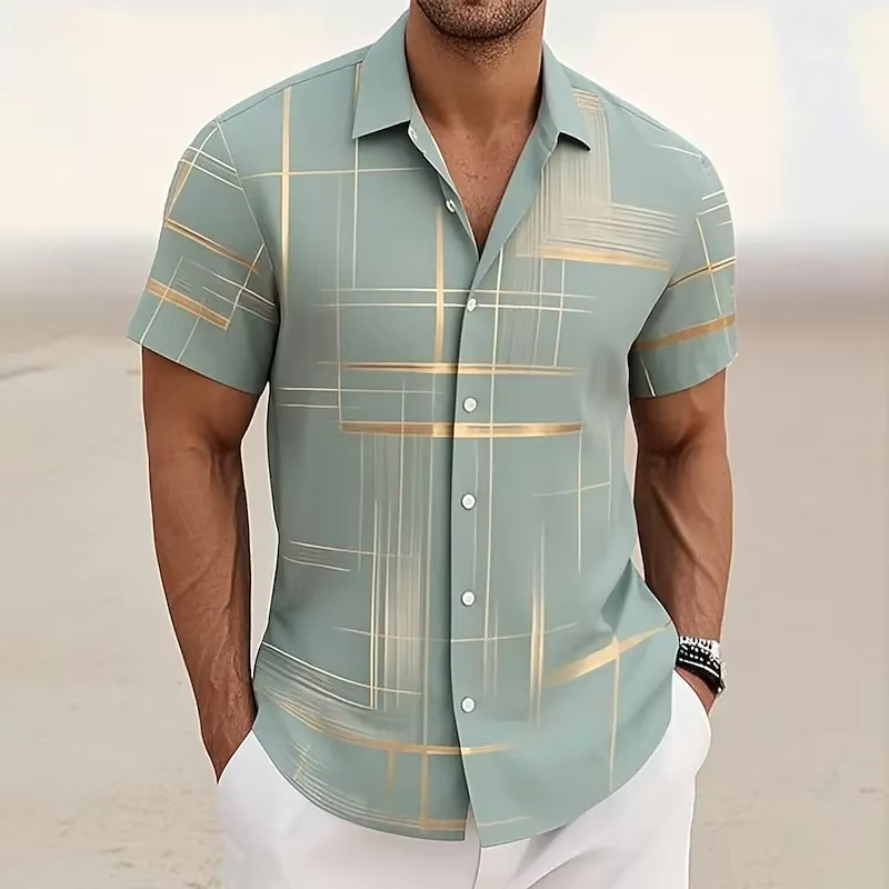 Relaxed fit men's polo shirt showcasing a unique geometric print. Great for casual summer apparel.