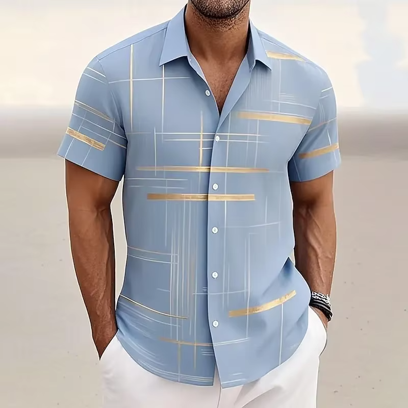 Men's camp collar polo shirt with a bold geometric pattern and comfortable relaxed fit.