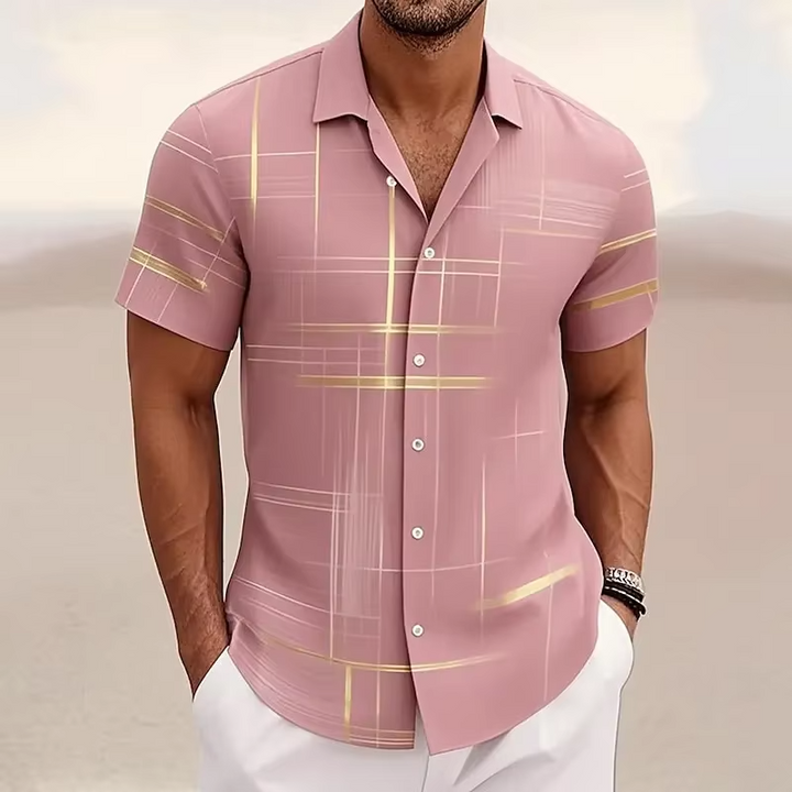 Vibrant geometric print men's short sleeve polo shirt, designed for a relaxed and stylish summer.
