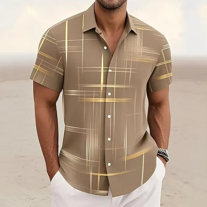 Casual men's top: geometric print polo shirt in a relaxed fit, perfect for warm weather style.