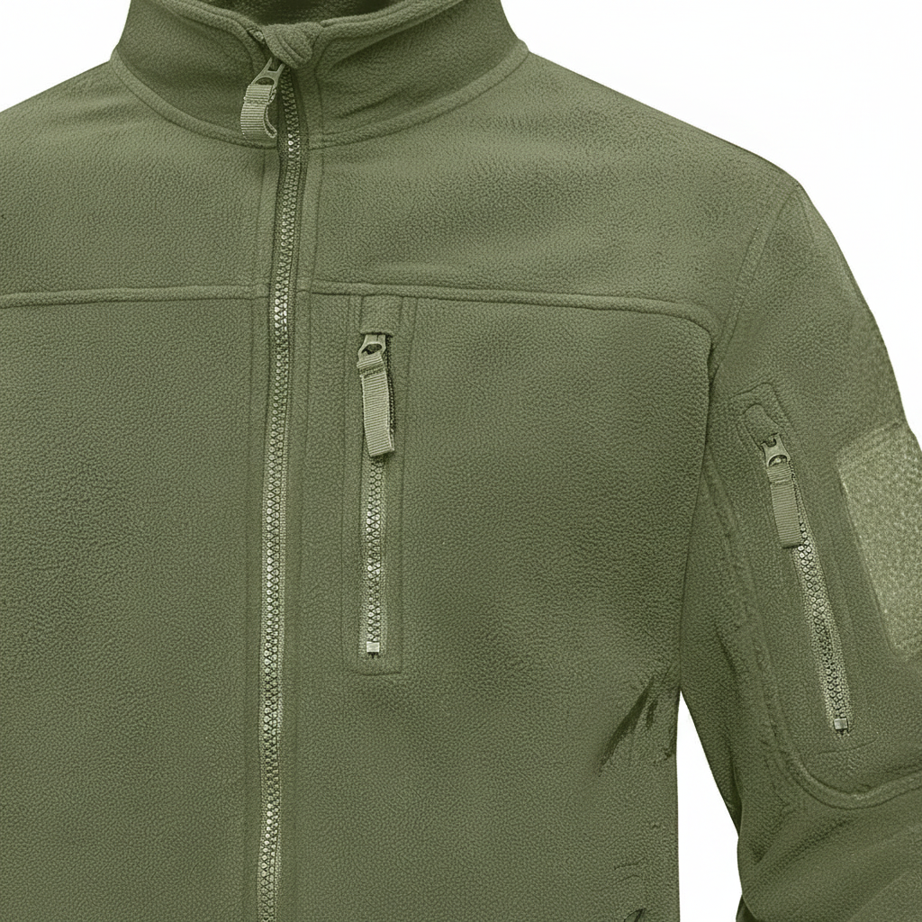 Close-up of the robust fabric and stitching on a men's Gero tactical winter jacket, suitable for cold weather