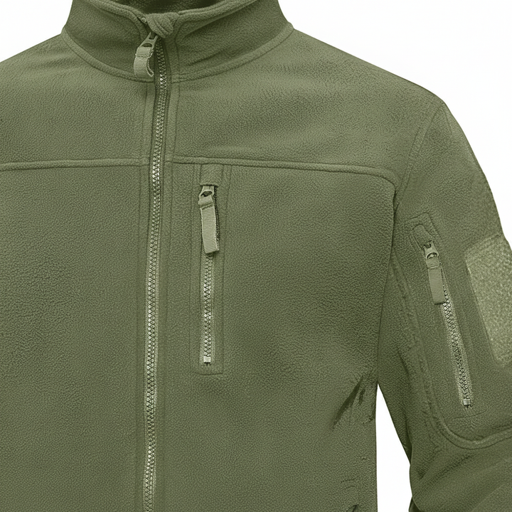 Close-up of the robust fabric and stitching on a men's Gero tactical winter jacket, suitable for cold weather