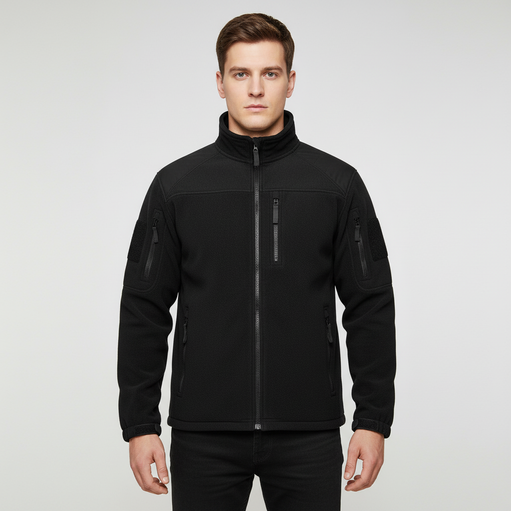 Detail of a men's Gero winter jacket zipper and pocket, highlighting its functional and durable features