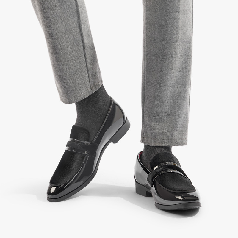Sleek black glossy men's formal loafers, perfect modern dress shoes for elegant events & party fashion.