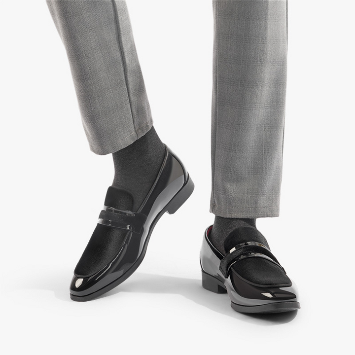 Elegant men's glossy formal loafers in black, perfect party shoes & modern occasion wear for sophisticated style.