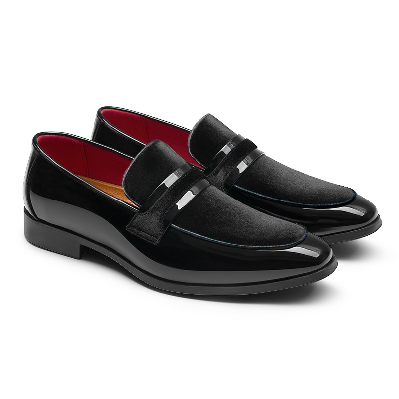 Modern slip-on glossy dress loafers for men, sophisticated formal footwear in black or navy.